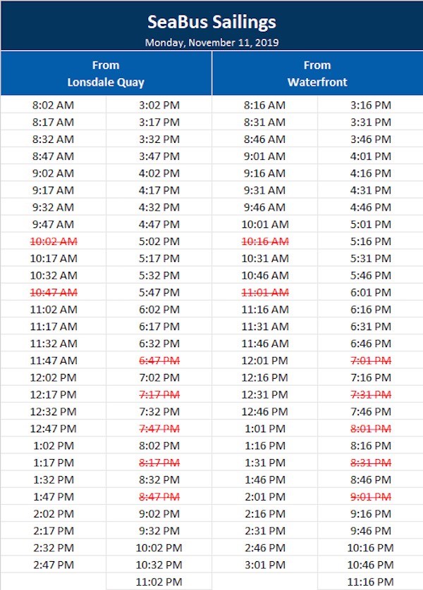  Timetable for Mon. Nov. 11 courtesy TransLink