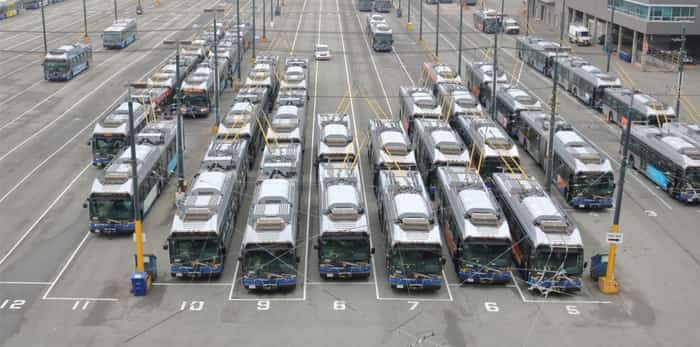  Unifor and Coast Mountain Bus Company have agreed to meet for talks on Tuesday, with a full bus and SeaBus strike looming for the next day. Photo: VANCOUVER - September 8, 2017: A high angle view of many commercial city buses parked in the terminal station in south Vancouver, Canada on September 8, 2017 / Shutterstock