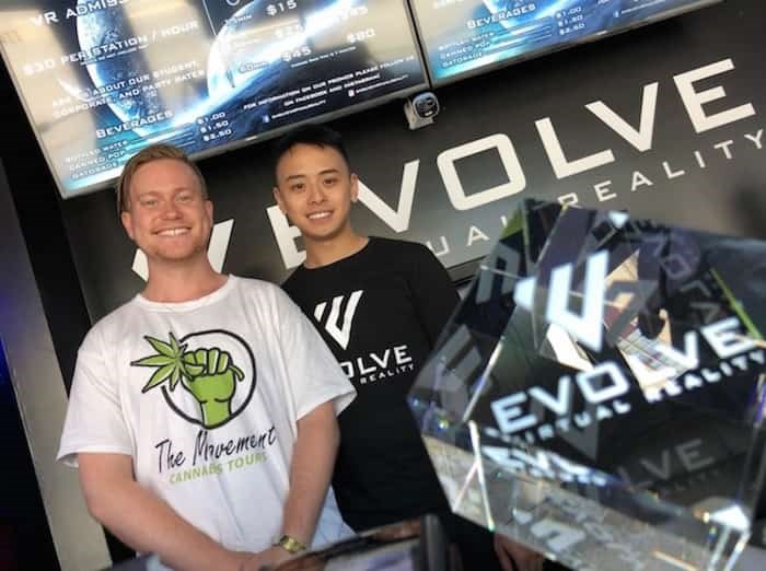  Keenan Hall (left), owner and co-founder of The Movement Cannabis Tours, with Mathew Mah, co-owner of Evolve Virtual Reality, where Hall sometimes takes tourists who take part in his tours Photo: Chuck Chiang