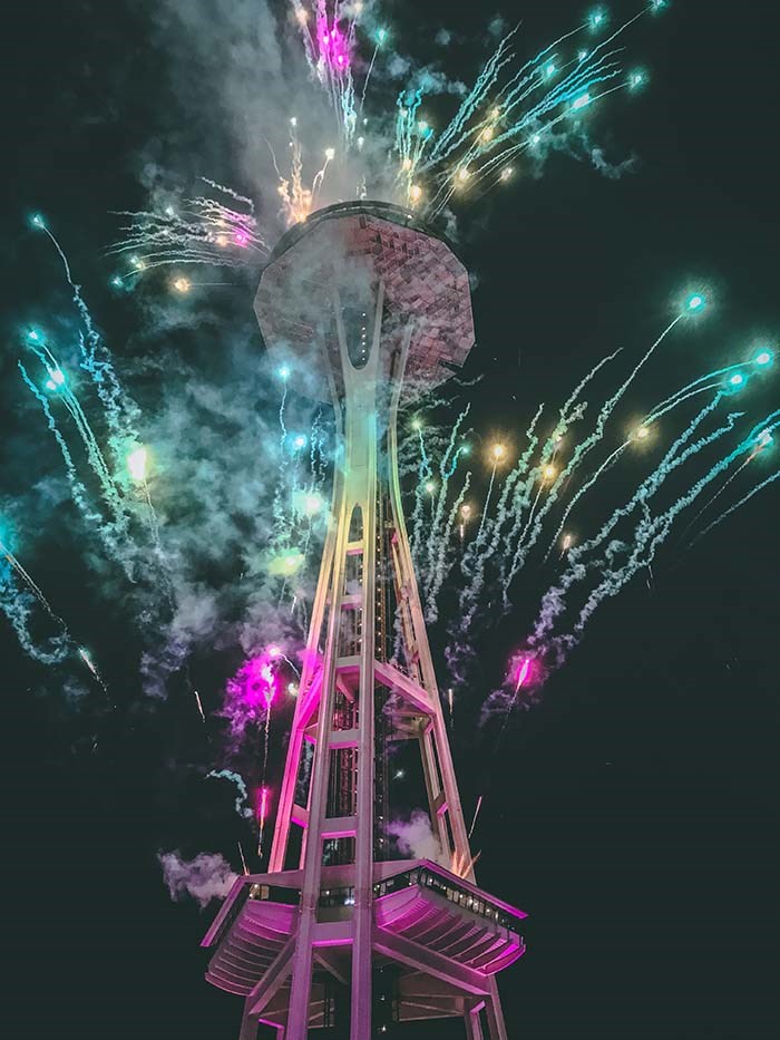  New Year’s Eve fireworks display from the top the iconic Space Needle. Photo Alabastro Photography