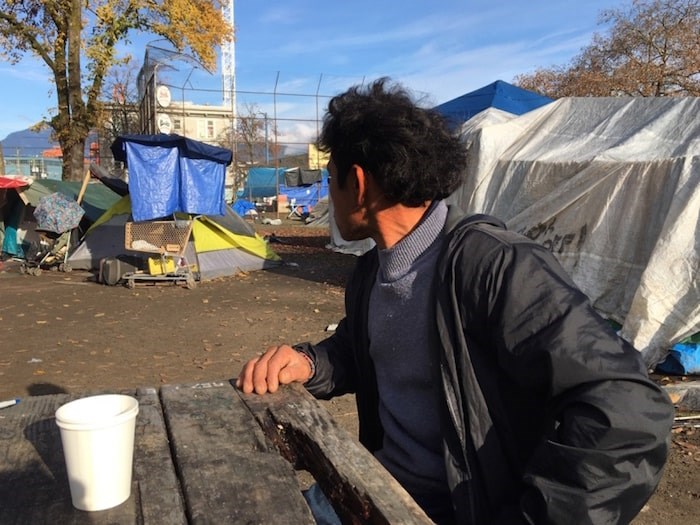  Edwin Yobani Zarabia, who is wanted in Texas for a murder dating back 19 years ago, lives in a tent in Oppenheimer Park. Photo by Mike Howell