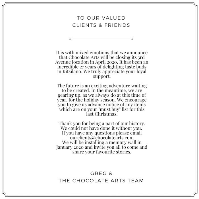  Chocolate Arts sent this farewell message to their e-mail subscribers today.