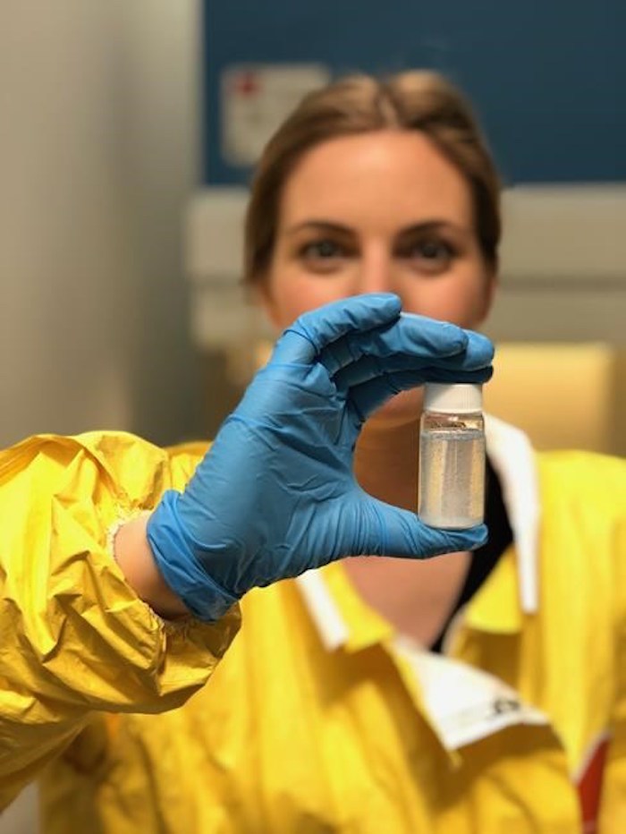  A pioneering study of seven beluga whales in Canada's remote Arctic waters has found microplastics in the innards of every single one. Ocean Wise researcher and Simon Fraser University masters student Rhiannon Moore shows a vial of microplastics at the Ocean Wise Plastics Lab in Vancouver in a November 2019 handout photo. THE CANADIAN PRESS/HO-Ocean Wise, Valeria Vergara
