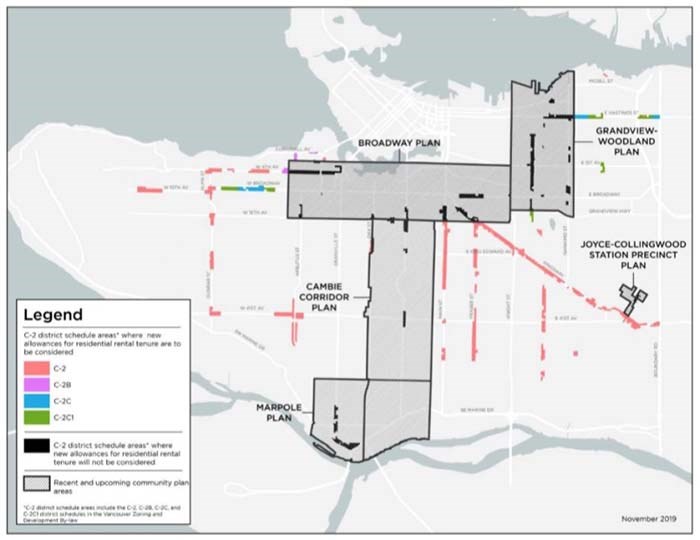  A city map shows the C-2 zoning areas (in red) proposed for six-storey rental housing projects. Image courtesy City of Vancouver