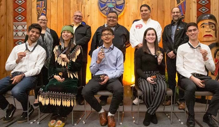  2019 Premier’s Awards for Indigenous Youth Excellence in Sport, Vancouver Coastal Regional recipients and receiving Line. (Front L-R): Mike Billy Jr., Shana George, Jaiden Terry, Madison Fowler and Kieran McKay (Back L-R): Courtenay Gibson, I·SPARC’s Vancouver Coastal Regional Lead, Chief Robert Joseph, Reconciliation Canada, Reginald Moody-Humchitt, Heiltsuk Tribal Council, Squamish Hereditary Chief Mike Billy Sr., and Rick Brant, Executive Director, I·SPARC. Photo courtesy I·SPARC
