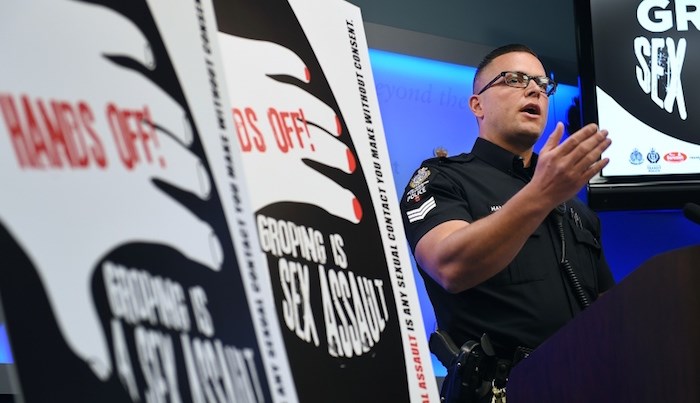  Metro Vancouver Transit Police Sgt. Clint Hampton briefed media about the Hands Off! campaign on Nov. 26. Photo by Dan Toulgoet