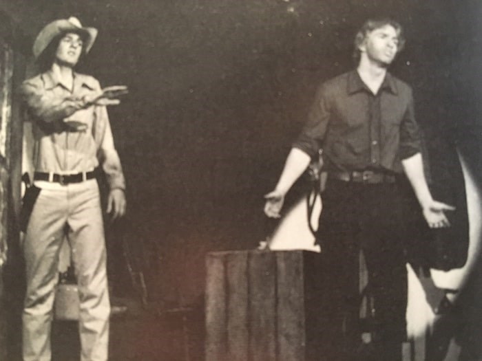  Current CBC Vancouver news anchor Mike Killeen (left) on stage with John Mann at Hillside Secondary’s 1980 production of “Oklahoma.” Photo courtesy of Nigel Bennett