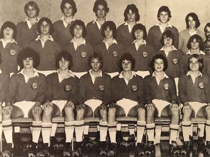  Hillside secondary Senior Boys Rugby team. John Mann seated at centre. Photo courtesy of Nigel Bennett