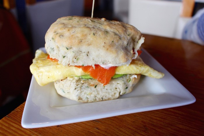  Smoked salmon breakfast sandwich on herbed bannock at Lelem' in Fort Langley. Photo by Lindsay William-Ross/Vancouver Is Awesome