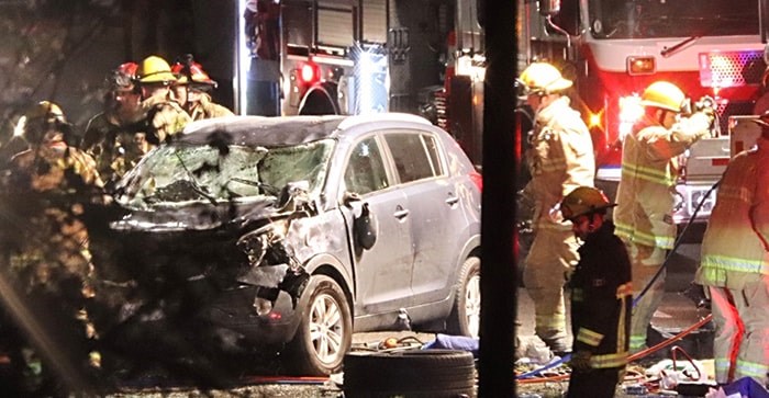  The driver of a pickup truck heading southbound on Boundary Road in Burnaby lost control and rolled the vehicle across into the northbound lanes, colliding with a car before landing on its roof. Shane MacKichan photo