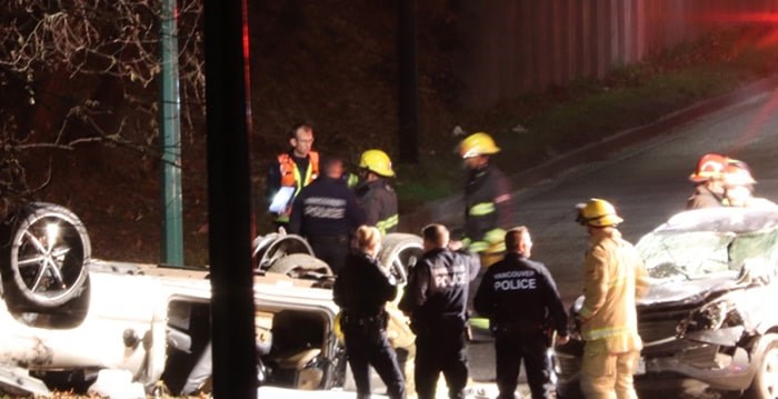  The driver of a pickup truck heading southbound on Boundary Road in Burnaby lost control and rolled the vehicle across into the northbound lanes, colliding with a car before landing on its roof. Shane MacKichan photo