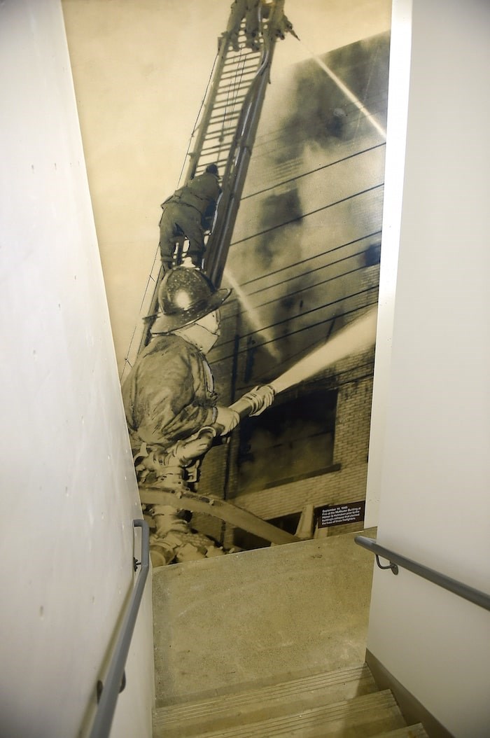  Historic images can be found in places such as a stairwell where one commemorates a Sept. 14, 1945 fire at the McMaster building at Homer and Helmcken prior to the building’s collapse. The incident claimed the lives of three firefighters.