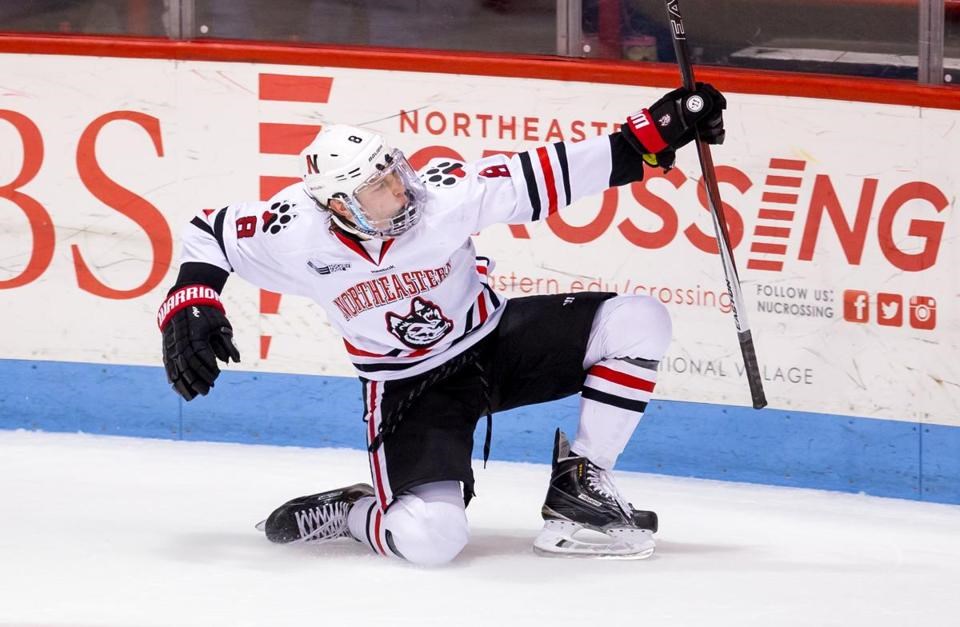 Adam Gaudette celebrates a goal for Northeastern