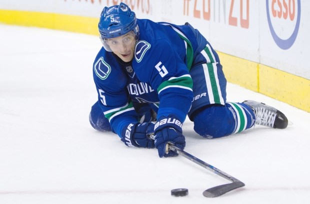 Luca Sbisa playing the puck from his knees for the 鶹ýӳCanucks.