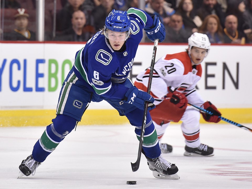 Brock Boeser carries the puck up ice for the Vancouver Canucks