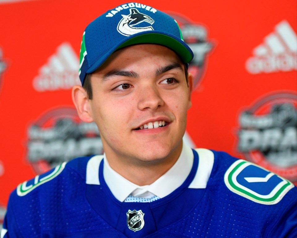 Michael DiPietro takes questions at the 2017 NHL draft.