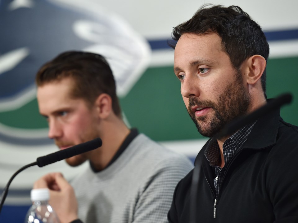 Sam Gagner answers questions at the Canucks training camp media day.