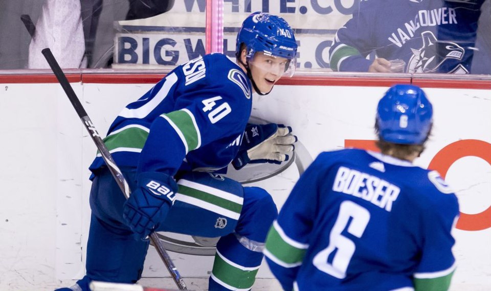 Elias Pettersson celebrates a goal with Brock Boeser with the 鶹ýӳCanucks