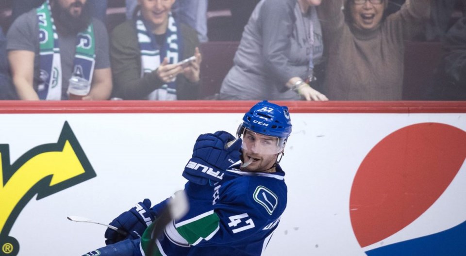 Sven Baertschi celebrates a goal for the Vancouver Canucks.