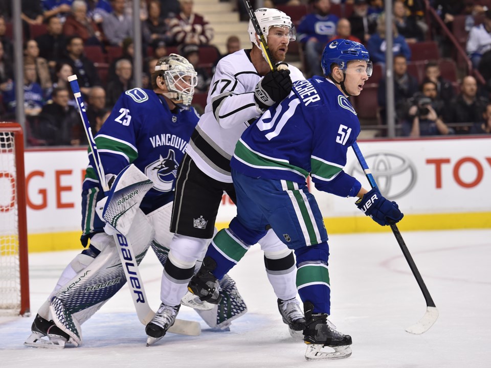 Troy Stecher battles with Jeff Carter in front of Jacob Markstrom.
