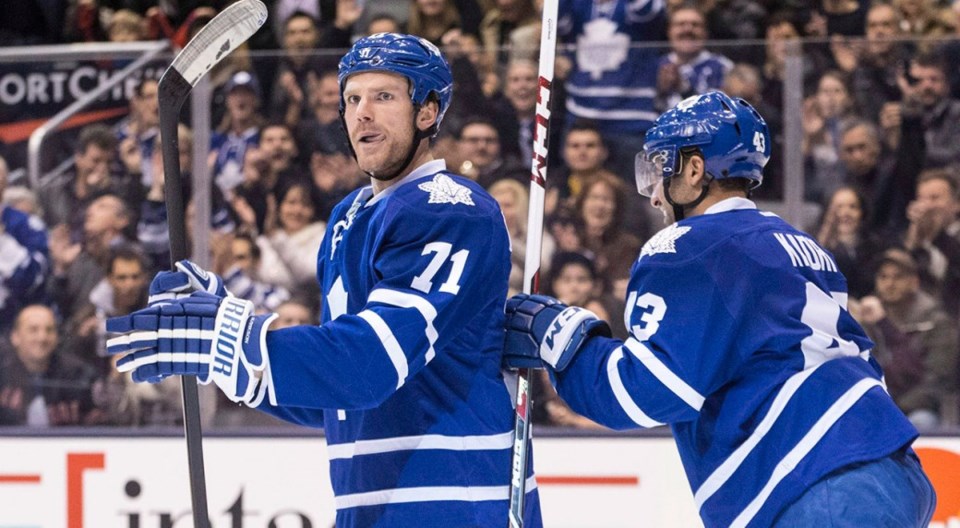 David Clarkson celebrates with Nazem Kadri with the Toronto Maple Leafs.