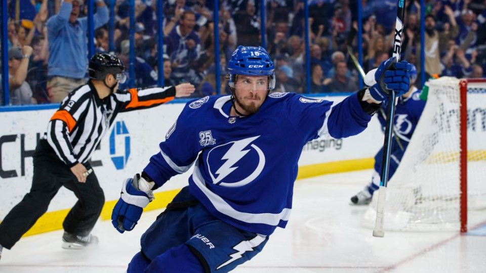 J.T. Miller celebrates a goal for the Tampa Bay Lightning.