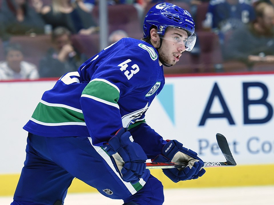 Quinn Hughes skates up ice for the Canucks in the 2019 preseason.