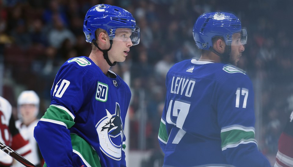 Elias Pettersson and Josh Leivo prepare for a faceoff in the Canucks 2019 preseason.