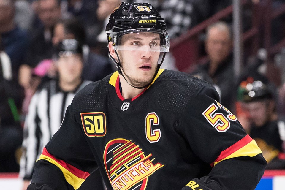 Bo horvat wearing the flying skate jersey for the Vancouver Canucks.