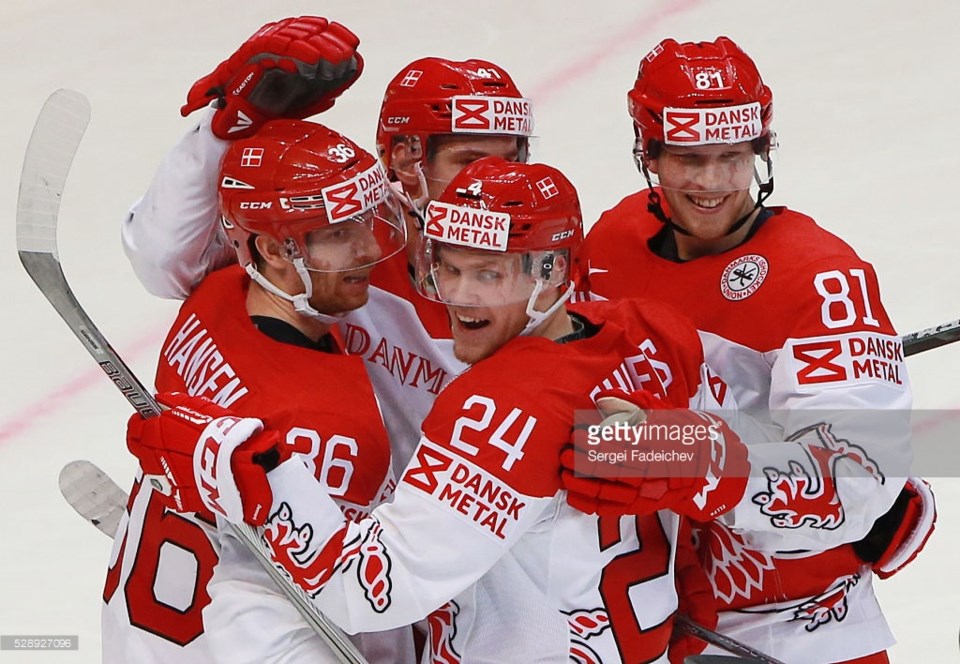 Jannik Hansen celebrates a goal for Denmark