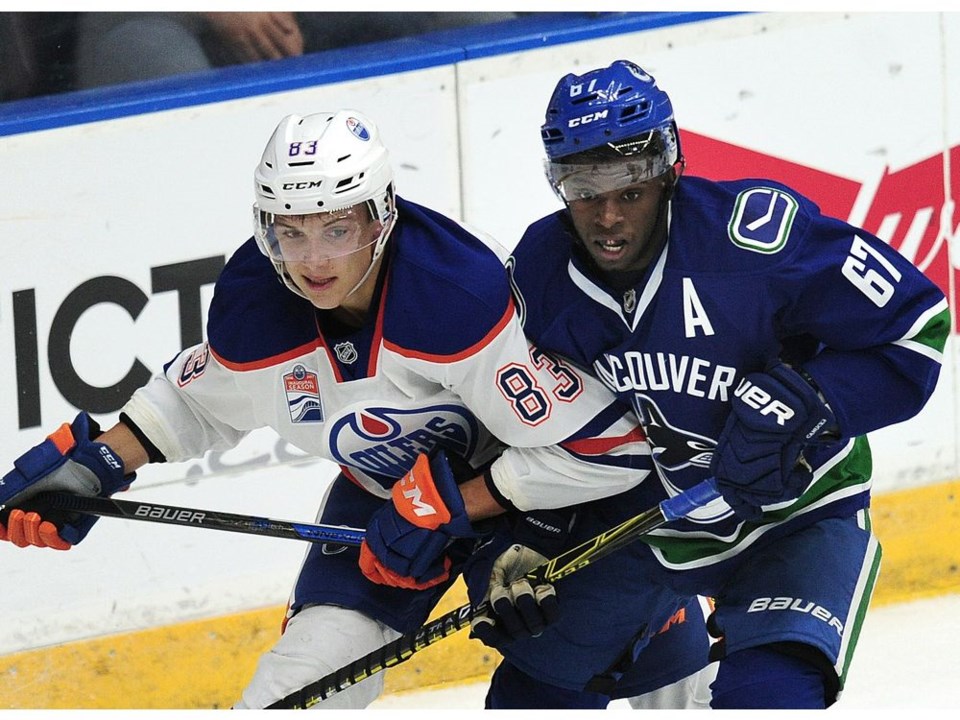 Jordan Subban ties up his man at Young Stars in Penticton