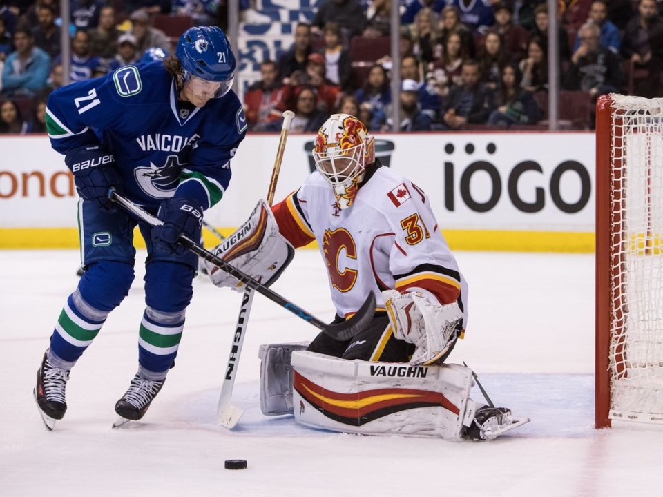 Loui Eriksson screens the Flames' goaltender