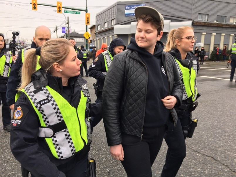 Vancouver police Tuesday afternoon started arresting protesters who refused to leave the intersection of East Hastings and Clarke Drive. Photo Dan Toulgoet
