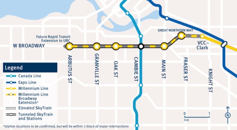 The 5.7-kilometre extension of the Millennium Line will add six more stations along Broadway and is expected to be completed by 2025 and cost $2.83 billion.