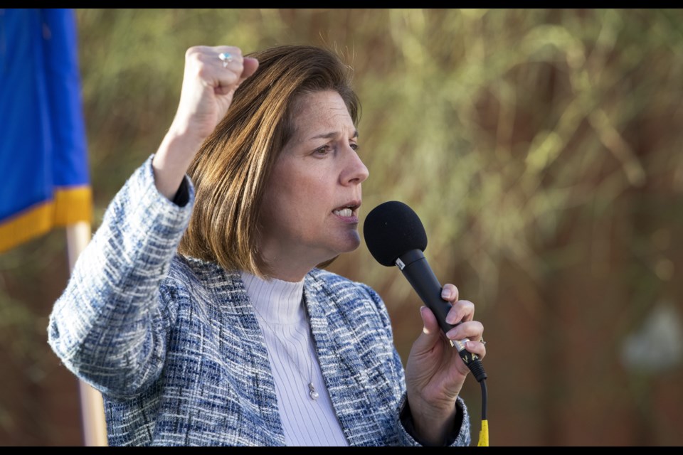 U.S. Sen. Catherine Cortez Masto, D-Nev., speaks during a campaign stop at the Nevada State AFL-CIO offices in Henderson, Nev., Sunday, Nov. 6, 2022. Masto is running against Republican candidate Adam Laxalt. (Steve Marcus/Las Vegas Sun via AP)