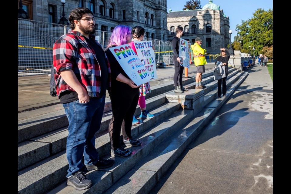 Protesters gather in front of the B.C. legislature on Wednesday, Sept. 20, 2023, in response to a planned anti-SOGI event by 1 Million March 4 Children. DARREN STONE, TIMES COLONIST