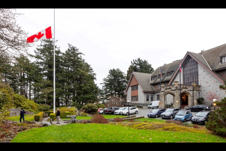 The Canadian flag at Government House in Victoria flies at half-mast on Friday, March 1, 2024. DARREN STONE, TIMES COLONIST