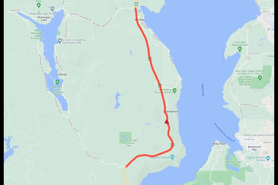 A section of the Malahat between Shawnigan Lake and Shawnigan-Mill Bay roads was closed Friday, Aug. 19, 2022. DRIVE B.C.