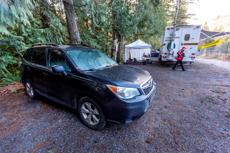 Melissa McDevitt’s car sits where it was found near Sooke Potholes on Saturday, Dec. 10, 2022. DARREN STONE, TIMES COLONIST