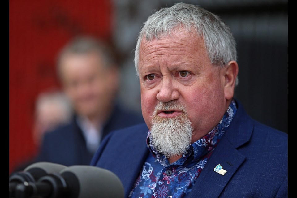 Campbell River Mayor Kermit Dahl speaks during a housing announcement at 840 Fort St. in Victoria on Friday,  Feb.  16, 2024. ADRIAN LAM, TIMES COLONIST