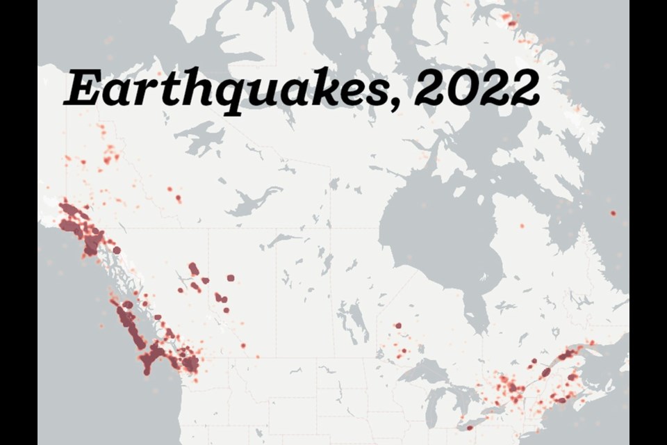 A map of the earthquakes recorded in Canada in 2022. IMAGE: NATURAL RESOURCES CANADA | ILLUSTRATION: NATHAN GRIFFITHS