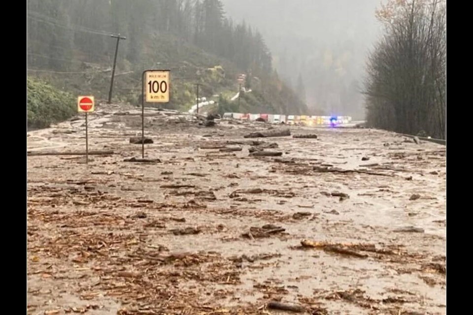 Mudslides, shown here, have closed Highway 1 east of Chilliwack between Popkum and Hope.    B.C. TRANSPORTATION MINISTRY.  Nov. 14, 2021