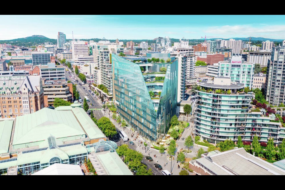 A rendering shows an aerial view of the 12-storey office tower at Douglas and Humboldt. VIA ARYZE DEVELOPMENTS 