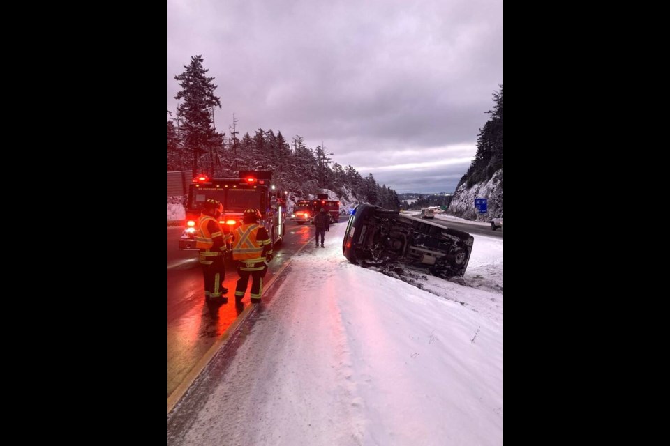 View Royal firefighters responded to several crashes on Tuesday, Dec. 28, 2021, including this one on the Trans-Canada Highway. PAUL HURST