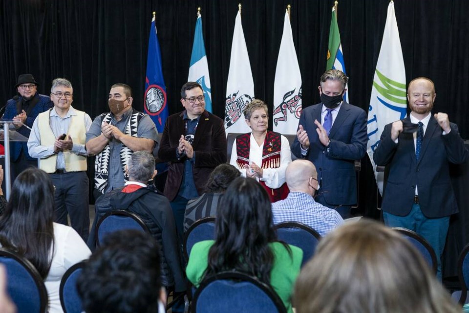 Chief Dean Nelson, Lil'wat Nation, Chief Wayne Sparrow, Musqueam Indian Band, Councillor Wilson Williams, Squamish Nation, Chief Jen Thomas, Tsleil-Waututh Nation, Vancouver Mayor Kennedy Stewart and Resort Municipality of Whistler Mayor Jack Crompton, speak during a press conference announcing a memorandum of understanding for the first Indigenous bid to explore feasibility of hosting 2030 Olympic and Paralympic Winter Games in Vancouver, B.C., Friday, Dec. 10, 2021. THE CANADIAN PRESS/Jimmy Jeong