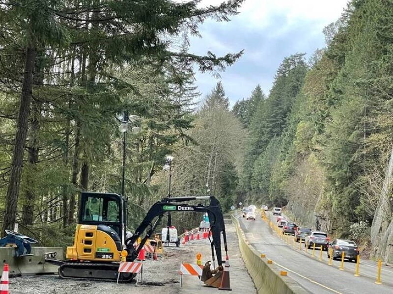A damaged section of the Malahat, going by Goldstream Park, is now open to continuous two-way traffic, including oversized vehicles, following lane-widening overnight Thursday. B.C. MINISTRY OF TRANSPORTATION. Dec. 3, 2021 