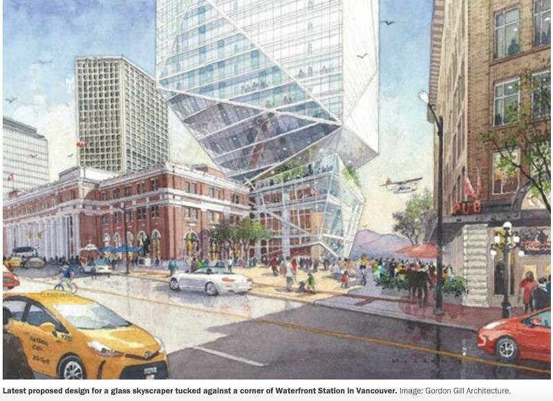 Artist's rendering of the proposed Telus office tower beside Waterfront Station in Vancouver. via TELUS 