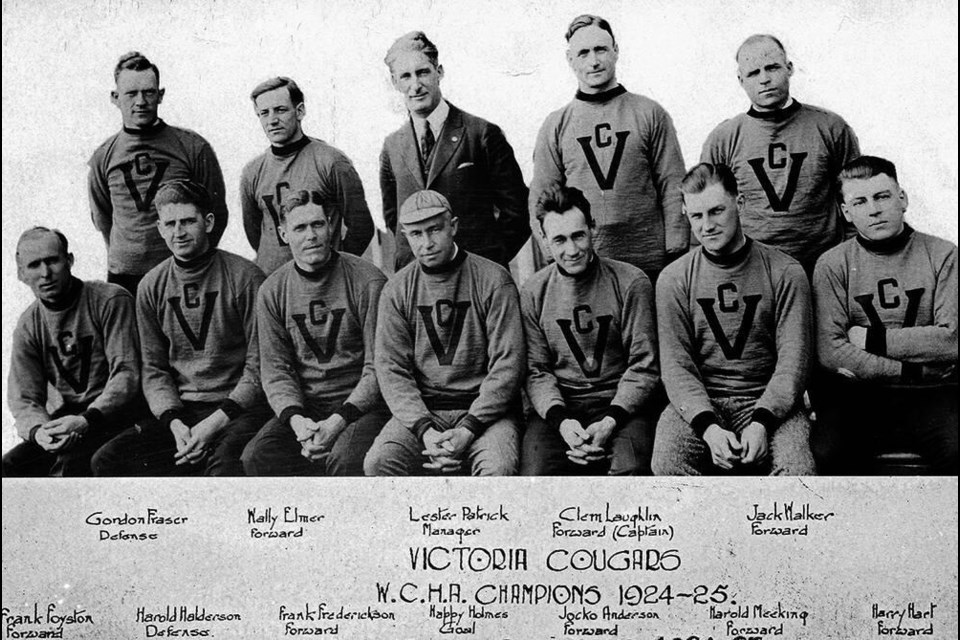 The 1924-25 Victoria Cougars, clockwise from upper left: Gord Fraser Wally Elmer Lester Patrick Clem Loughlin Jack Walker Harold Hart Harry Meeking Jocko Anderson Hap Holmes Frank Fredrickson Harold Halderson Frank Foyston  Patrick, Foyston, Fredrickson, Walker and Holmes would eventually be inducted in the Hockey Hall of Fame. PHOTO: David MacDonald 