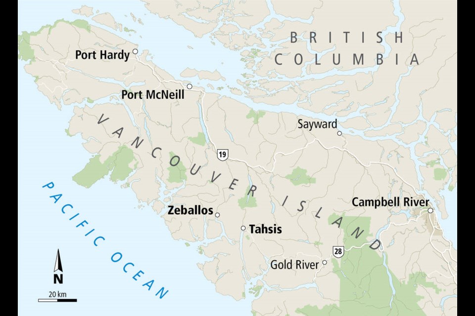 Map: Zeballos and Tahsis on northern Vancouver Island. 