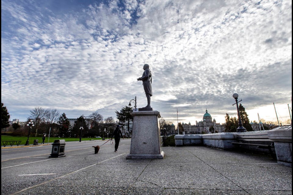 Capt. James Cook statue at the Inner Harbour in January 2021, was broken and the base smeared with red handprints in July 2021. DARREN STONE, TIMES COLONIST 